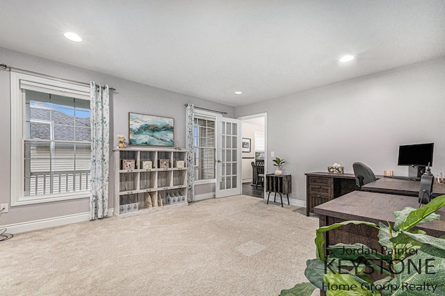 office area with recessed lighting, french doors, carpet flooring, and baseboards