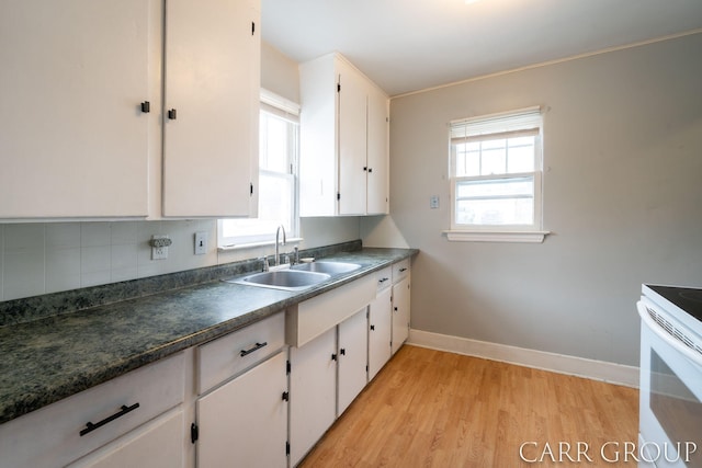 kitchen featuring sink, white electric range, light hardwood / wood-style flooring, backsplash, and white cabinets