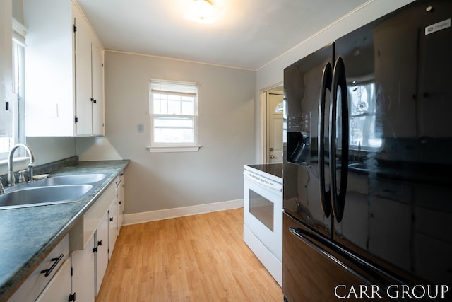 kitchen featuring sink, white cabinetry, white electric range oven, black refrigerator with ice dispenser, and light wood-type flooring