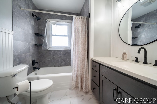 full bathroom with vanity, toilet, and shower / bath combo with shower curtain