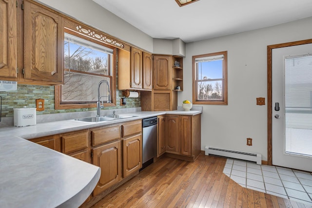 kitchen featuring light hardwood / wood-style floors, baseboard heating, sink, tasteful backsplash, and dishwasher