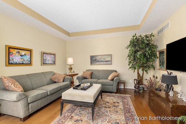 living room featuring hardwood / wood-style flooring and a raised ceiling