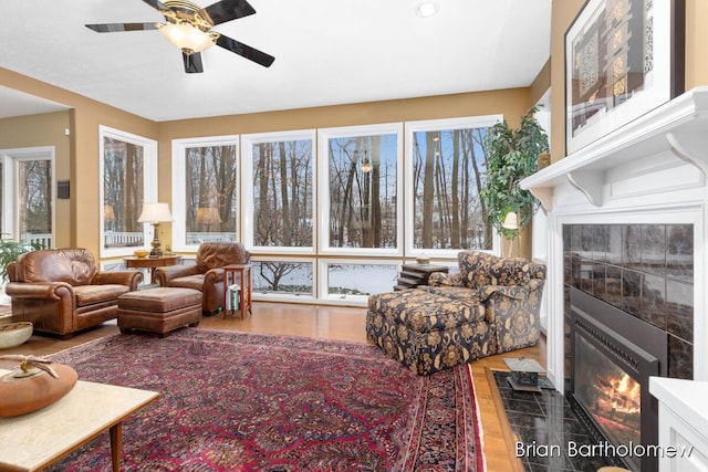 living room with hardwood / wood-style flooring, ceiling fan, and a fireplace