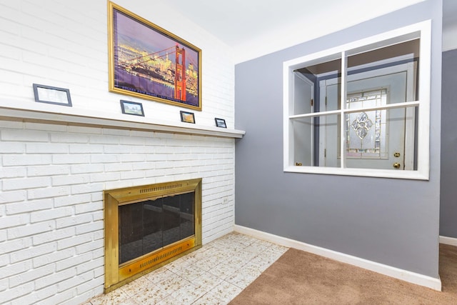 details featuring a brick fireplace and carpet floors