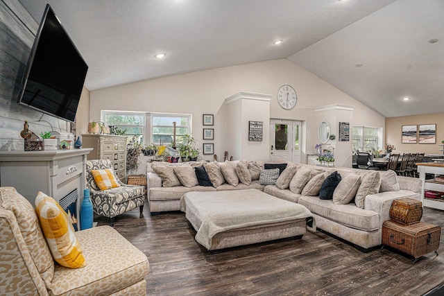 2678 Richmond St NW, Grand Rapids, MI 49504 - living room featuring recessed lighting, high vaulted ceiling, and dark wood-style floors