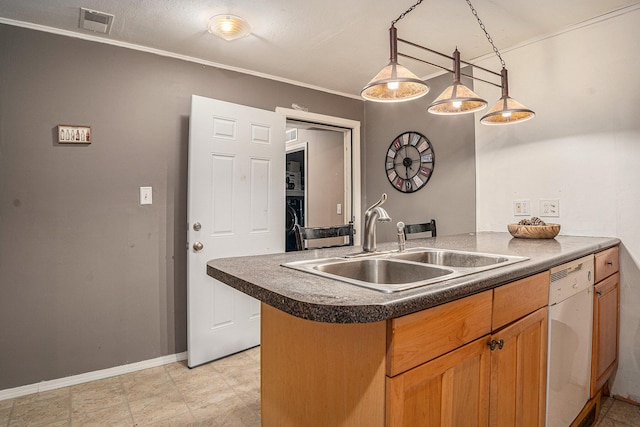 2678 Richmond St NW, Grand Rapids, MI 49504 - kitchen featuring white dishwasher, dark countertops, a sink, decorative light fixtures, and visible vents