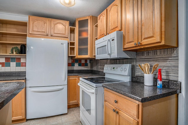 2678 Richmond St NW, Grand Rapids, MI 49504 - kitchen with open shelves, decorative backsplash, dark countertops, white appliances, and glass insert cabinets