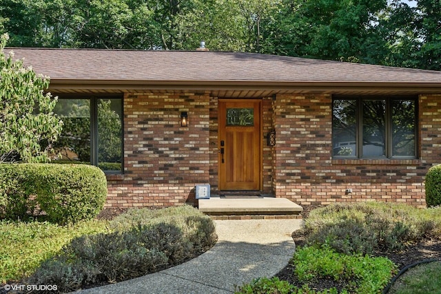 entrance to property featuring brick siding and roof with shingles