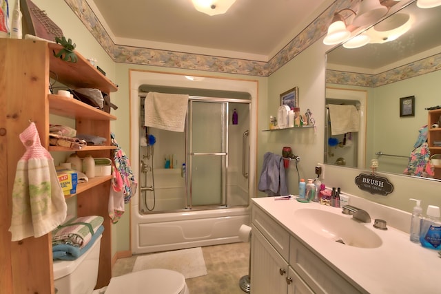 full bathroom with vanity, combined bath / shower with glass door, and toilet