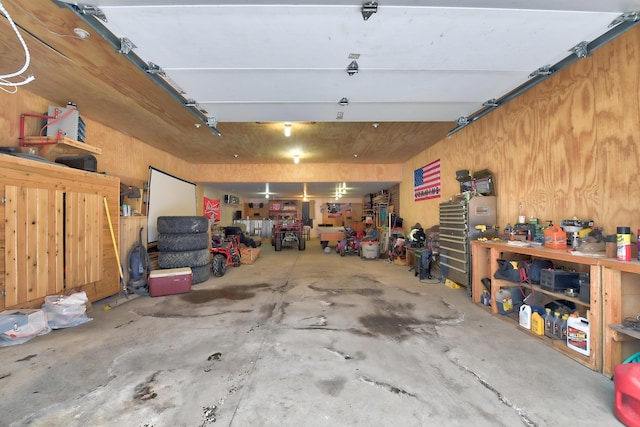 garage with a workshop area