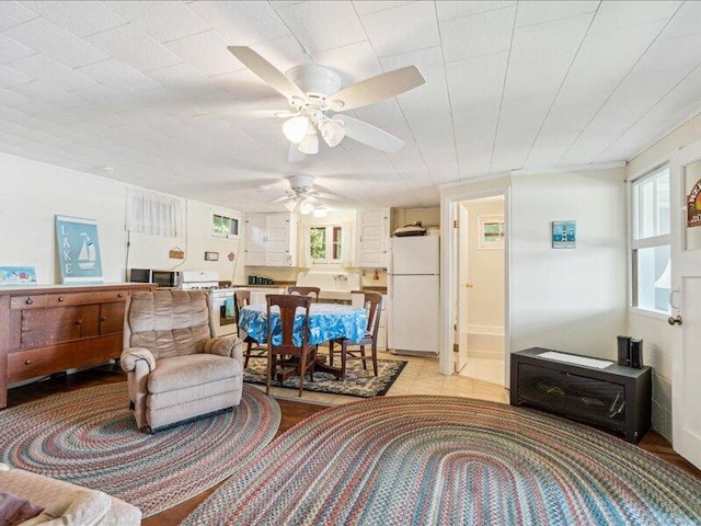 living room featuring plenty of natural light and ceiling fan