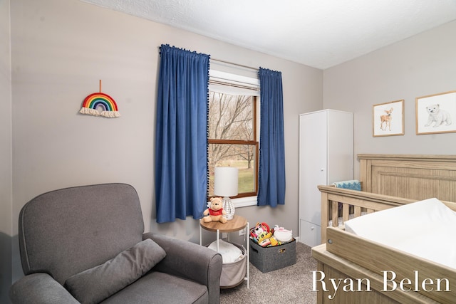 bedroom with carpet and a textured ceiling