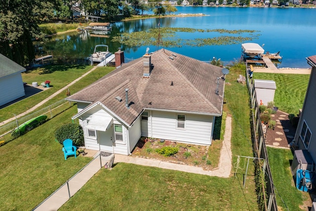 drone / aerial view featuring a water view