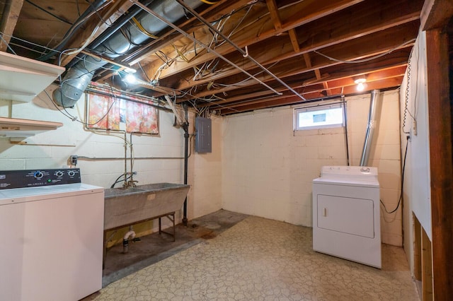 laundry area with electric panel, separate washer and dryer, and sink