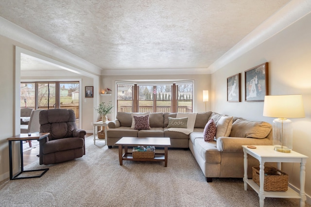 living room featuring carpet flooring and a textured ceiling