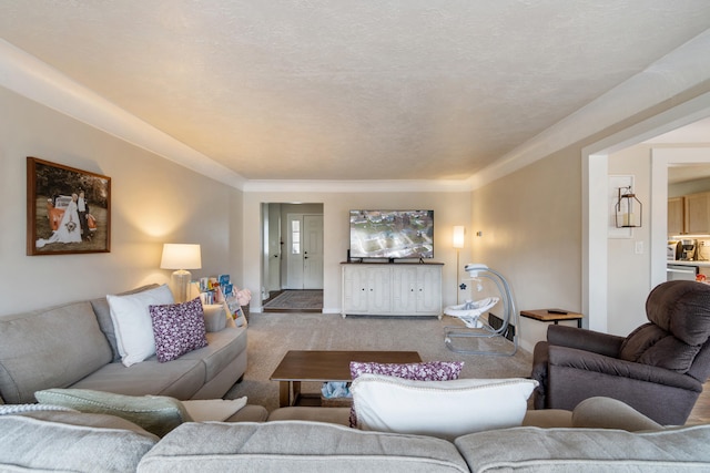 living room featuring light colored carpet and a textured ceiling