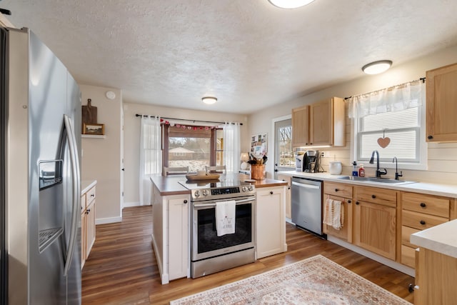 kitchen featuring appliances with stainless steel finishes, sink, wood-type flooring, and light brown cabinets