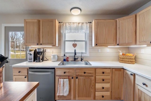 kitchen featuring sink, stainless steel dishwasher, and light brown cabinets