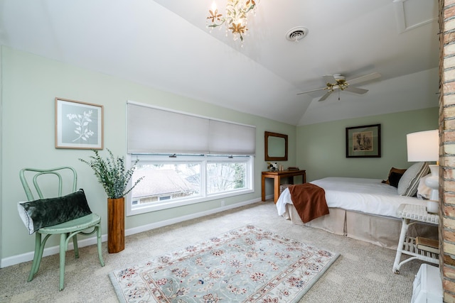 carpeted bedroom featuring lofted ceiling, visible vents, ceiling fan, and baseboards