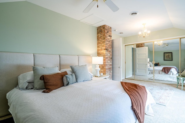 bedroom featuring visible vents, ceiling fan, vaulted ceiling, carpet floors, and a closet