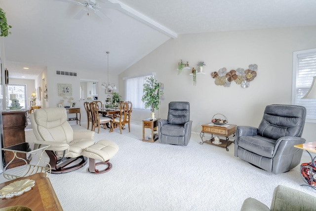 living room with ceiling fan, carpet flooring, and vaulted ceiling with beams