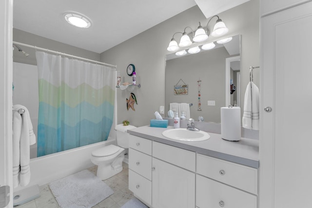 full bathroom featuring tile patterned floors, vanity, toilet, and shower / bath combo with shower curtain