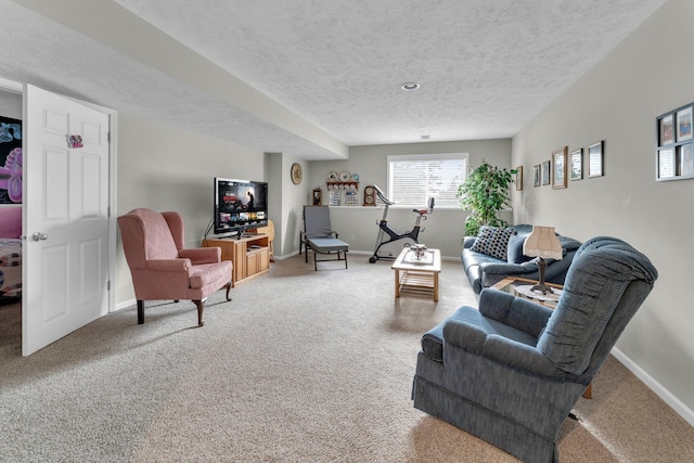 living room featuring carpet floors and a textured ceiling