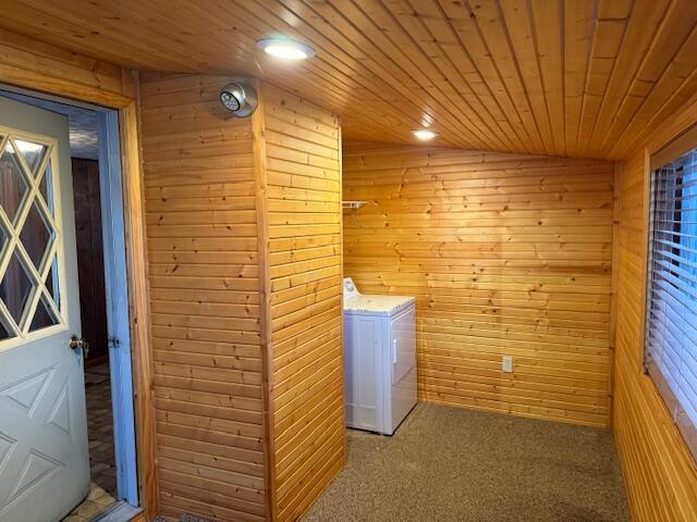 laundry room with wood walls, carpet flooring, and wooden ceiling