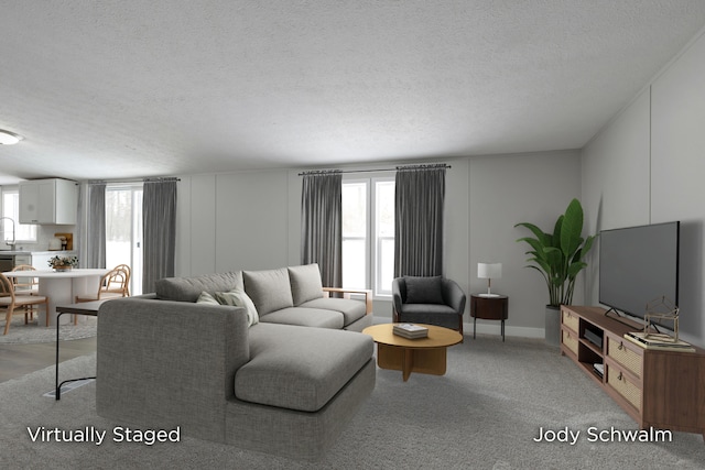 living room with light carpet, a wealth of natural light, and a textured ceiling