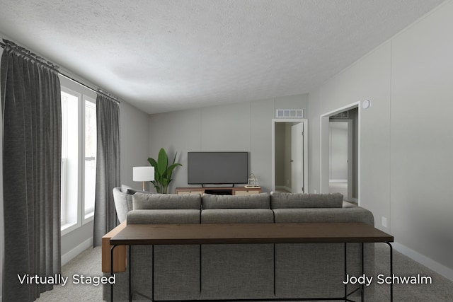 carpeted living room with a textured ceiling