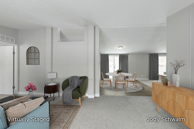 living room featuring a textured ceiling