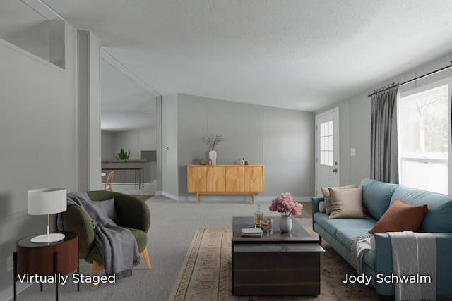 living room with carpet and a textured ceiling