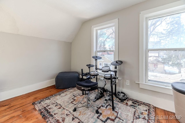 miscellaneous room with hardwood / wood-style flooring and lofted ceiling