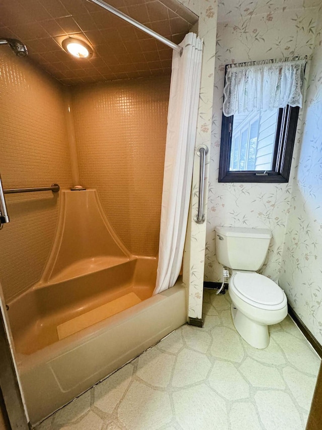 bathroom with toilet and shower / bathtub combination with curtain