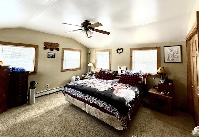 carpeted bedroom featuring a baseboard radiator, ceiling fan, and vaulted ceiling