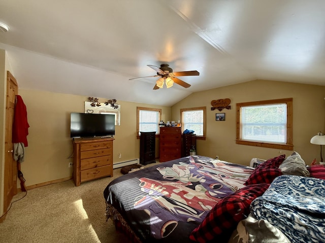 bedroom featuring lofted ceiling, a baseboard heating unit, light colored carpet, and ceiling fan