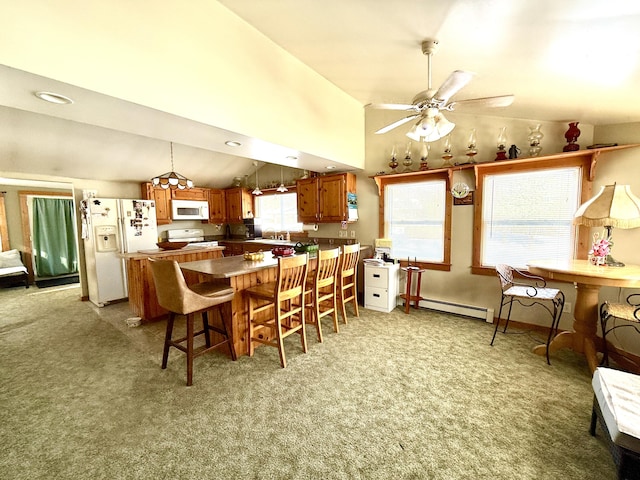 dining room featuring ceiling fan, high vaulted ceiling, light colored carpet, and baseboard heating