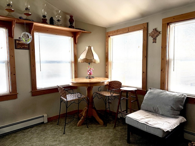 carpeted dining room with a baseboard heating unit and a wealth of natural light