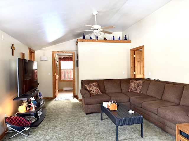 living room with lofted ceiling, a baseboard heating unit, ceiling fan, and carpet