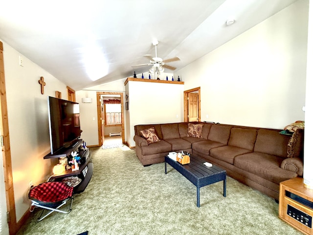 living room with ceiling fan, lofted ceiling, and light carpet