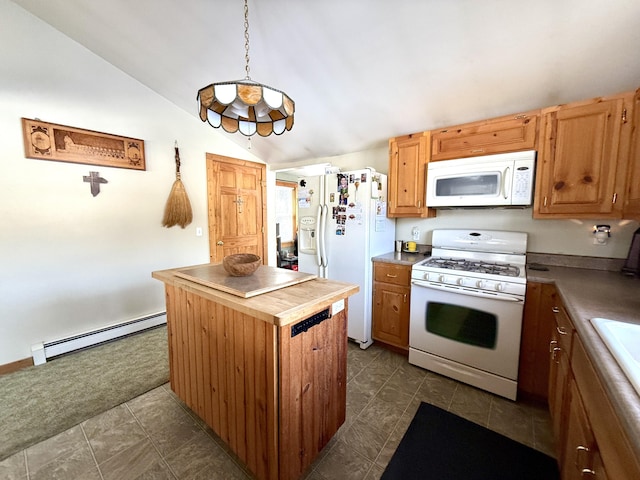 kitchen featuring vaulted ceiling, pendant lighting, a center island, baseboard heating, and white appliances