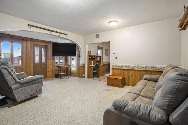 carpeted living room with a textured ceiling and wood walls