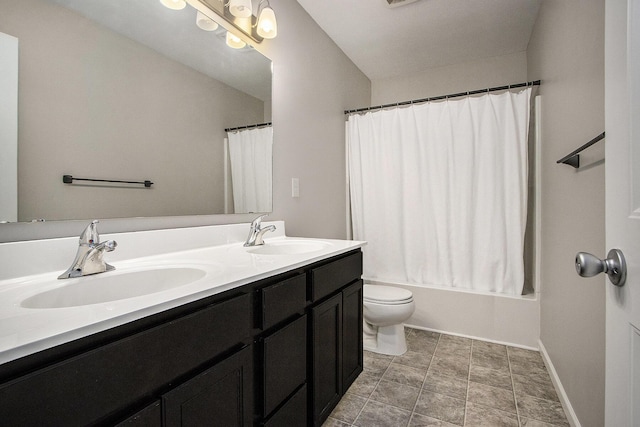 full bathroom with vanity, toilet, and shower / bath combo with shower curtain