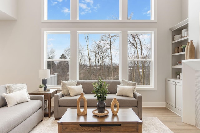 living room with a high ceiling and light hardwood / wood-style flooring