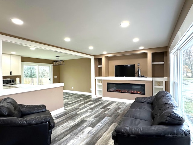 living room with wood-type flooring and built in shelves