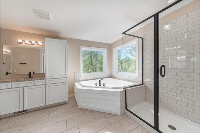 bathroom featuring vanity and separate shower and tub