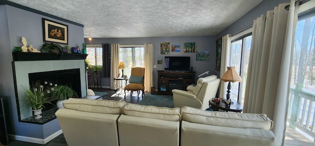 living room featuring a healthy amount of sunlight and a textured ceiling