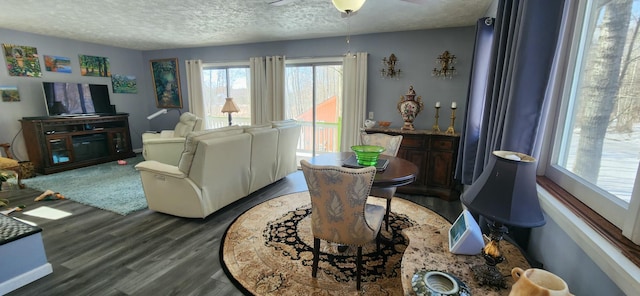 living room with ceiling fan, dark wood-type flooring, and a textured ceiling