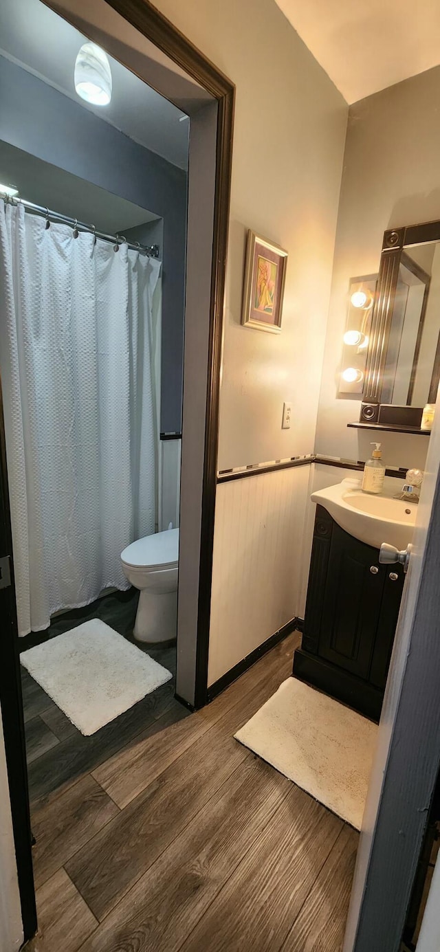 bathroom featuring wood-type flooring, vanity, and toilet