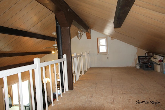 additional living space with vaulted ceiling with beams, wooden ceiling, and ceiling fan